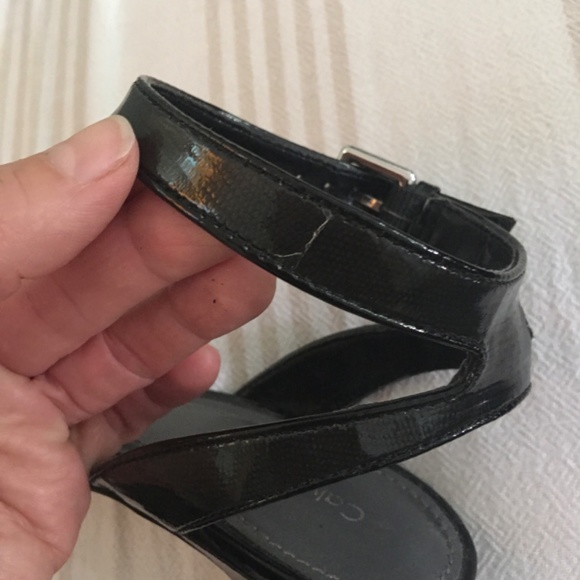 Calvin Klein Black Patent Leather Ankle Strap Sandals Medium Heel - Picture 10 of 12